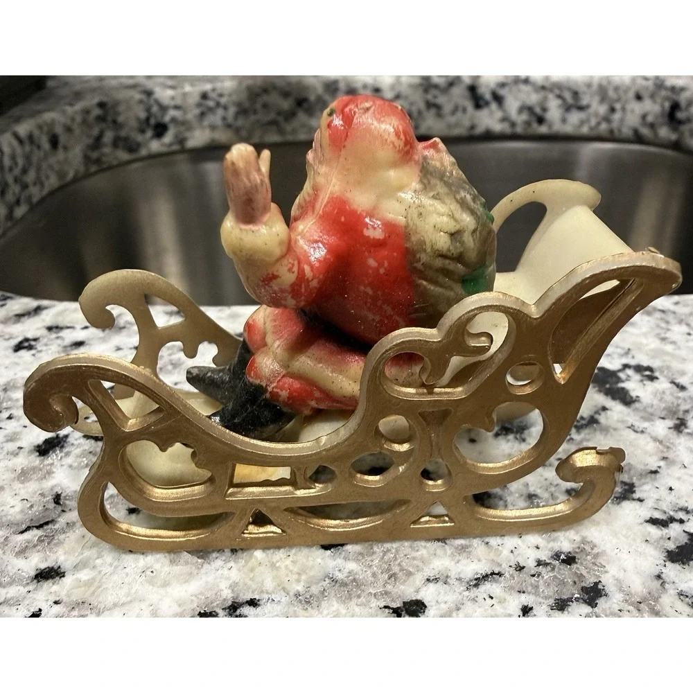 Vintage Plastic Santa Claus Sleigh Christmas Ornament Decor Hong Kong